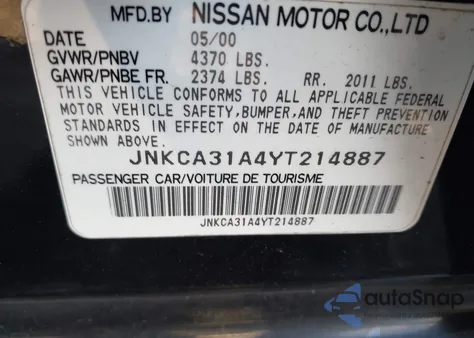 2000 Infiniti I30 Luxury/Touring z USA, uszkodzony, nr VIN JNKCA31A4YT214887